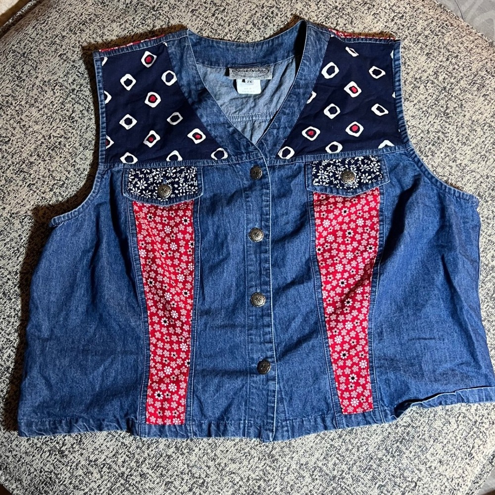 Stonebridge Womens Denim Vest‎ 2X Blue Red Floral Patchwork Button Front